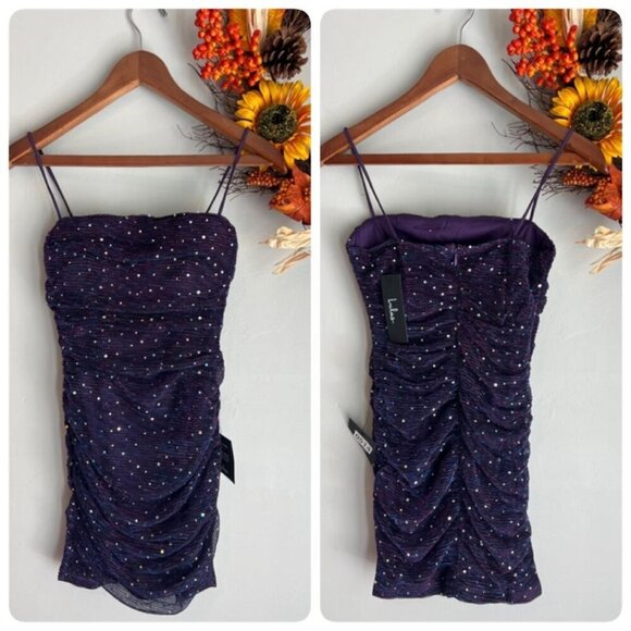 Lulus Flirty Vibes Sparkly Ruched Bodycon Mini Dress Medium in Purple - Picture 2 of 10